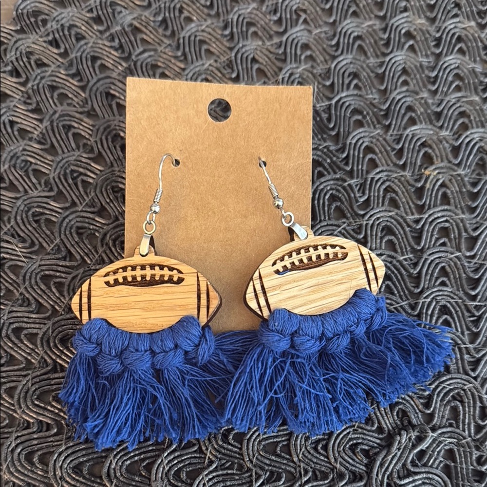 Blue and Brown Football Charm Earrings with Tassels